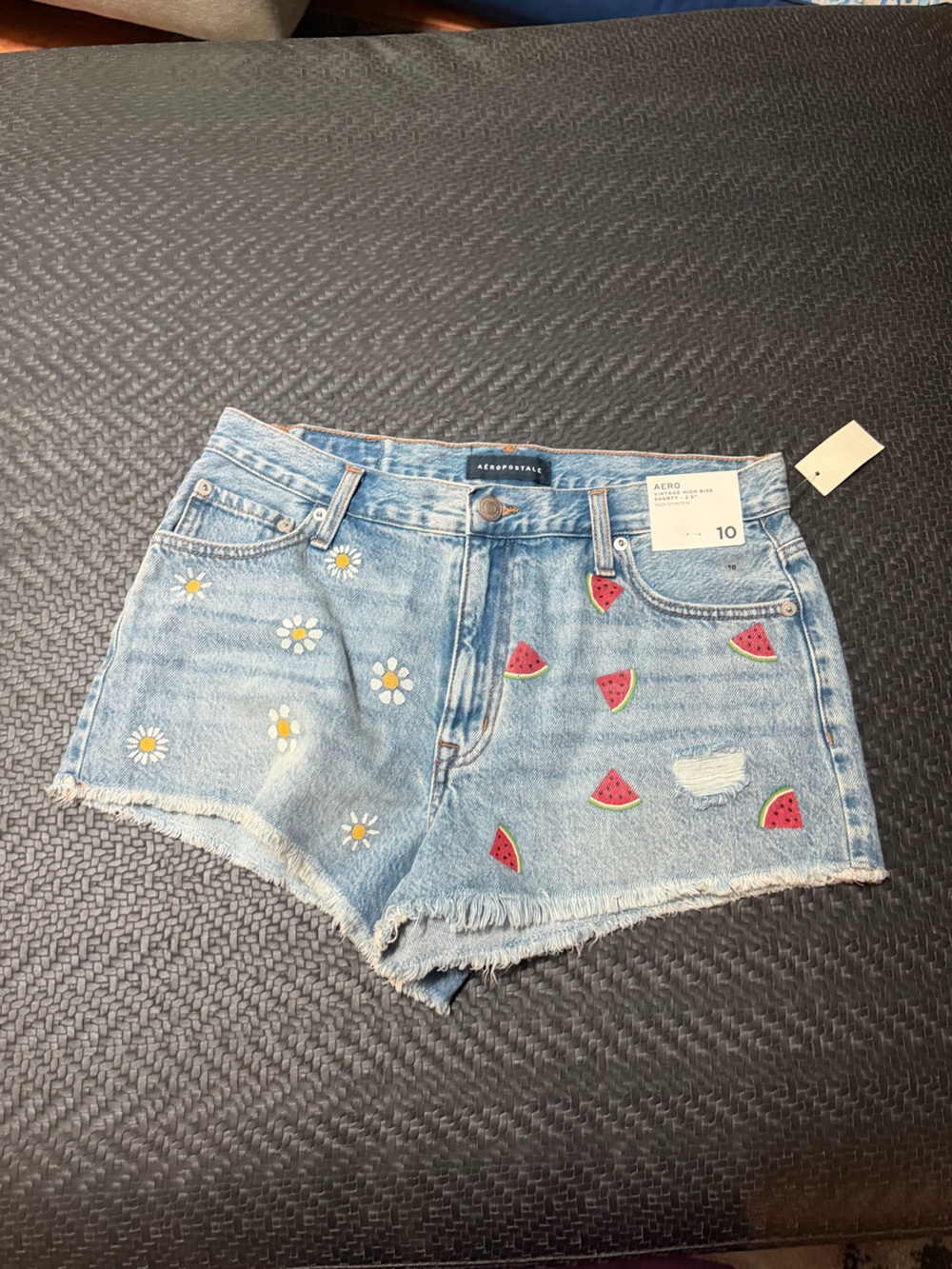 Aeropostale Light Blue Denim Shorts with Daisy & Watermelon Embroidery